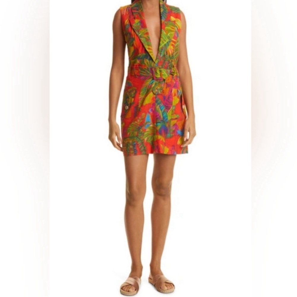 FARM Rio Tropical Print Plunge Mini Dress in Red, Green, Yellow